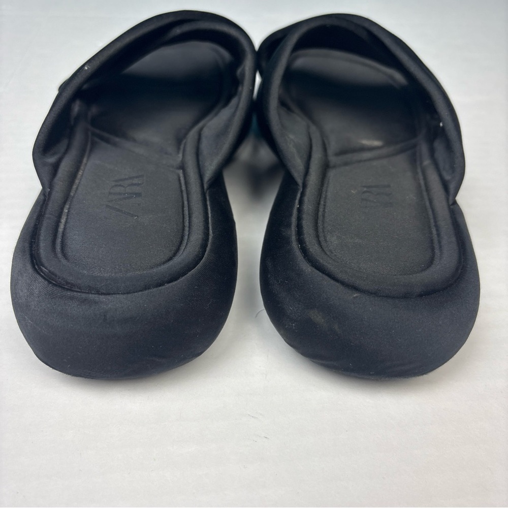 Zara Women Size 37 Slides Sandals Flat Fabric Black Satin Wide Crossed Strap - Picture 6 of 8